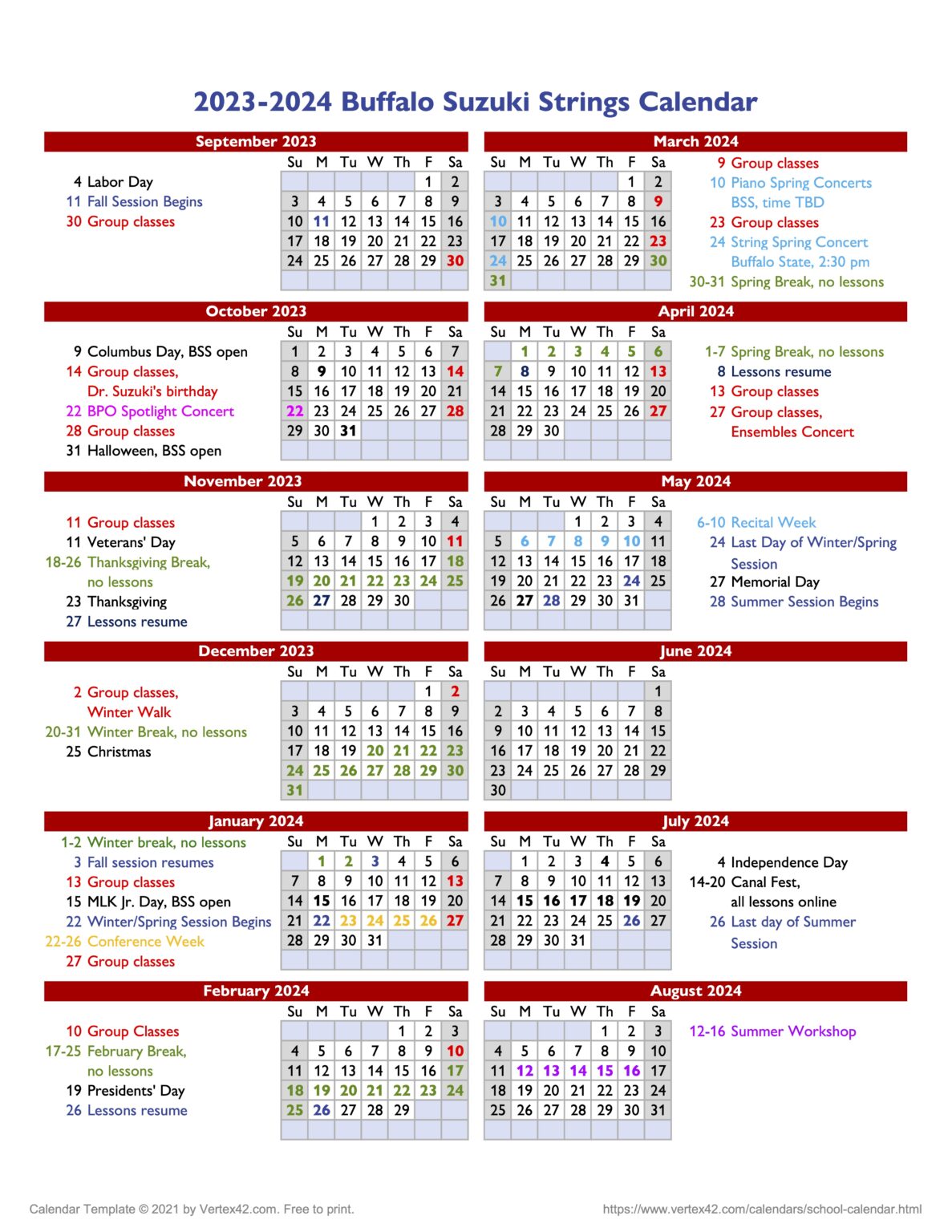 Calendar Buffalo Suzuki Strings